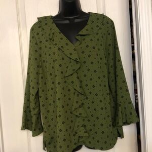 Investments ladies top 3/4 sleeve with ruffle on sleeve, collar and down front